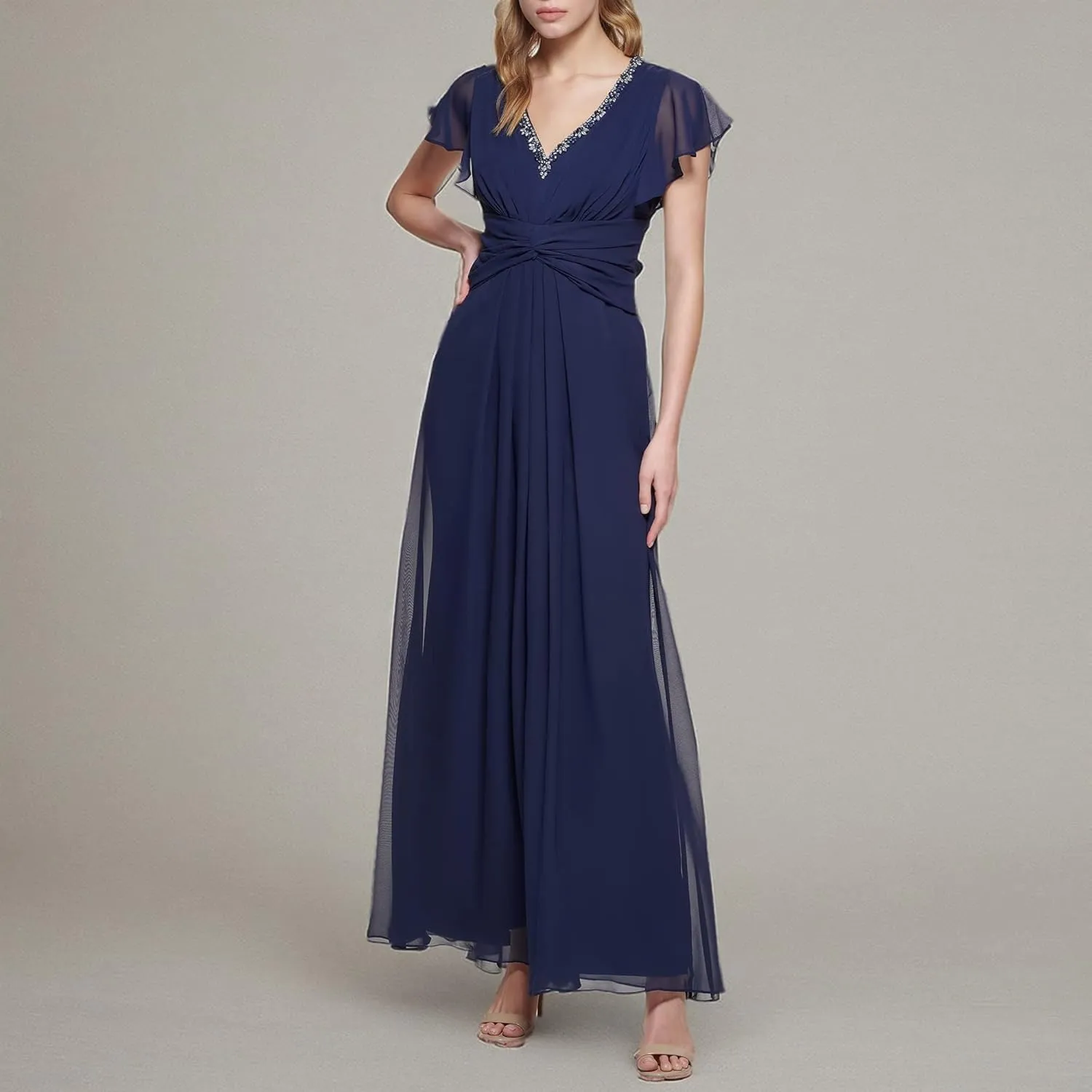 Eliza J Women's Gown Style Twist Waist Chiffon Flutter Sleeve Beaded Vneck Dress
