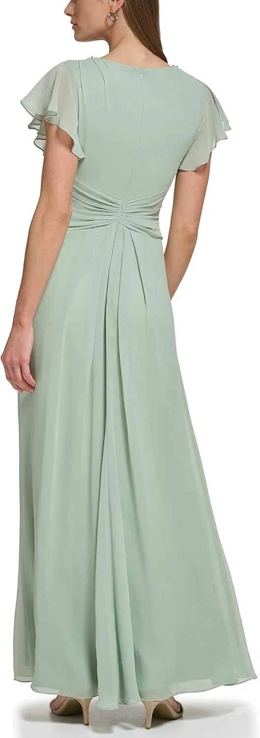 Eliza J Women's Gown Style Twist Waist Chiffon Flutter Sleeve Beaded Vneck Dress