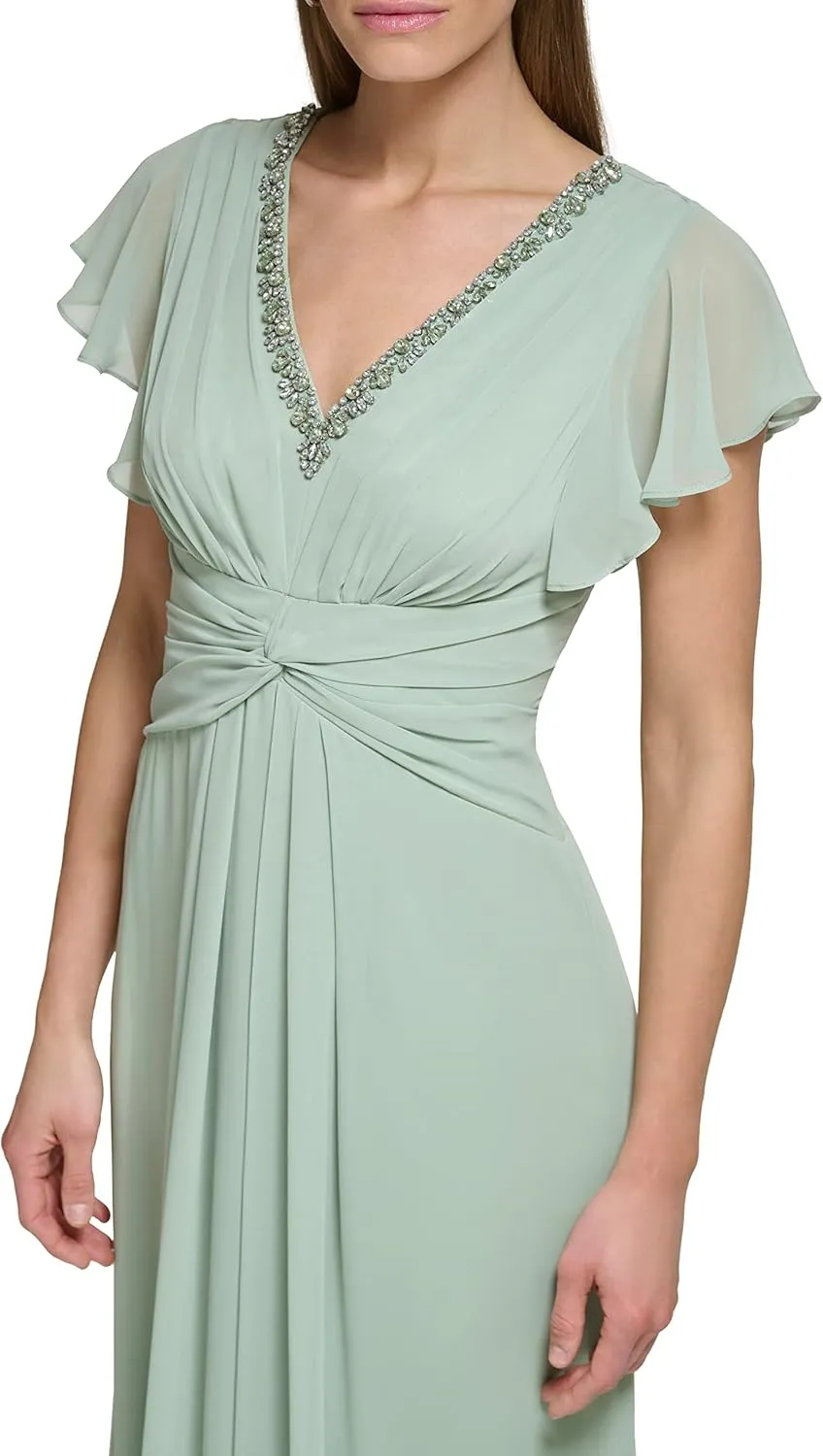 Eliza J Women's Gown Style Twist Waist Chiffon Flutter Sleeve Beaded Vneck Dress
