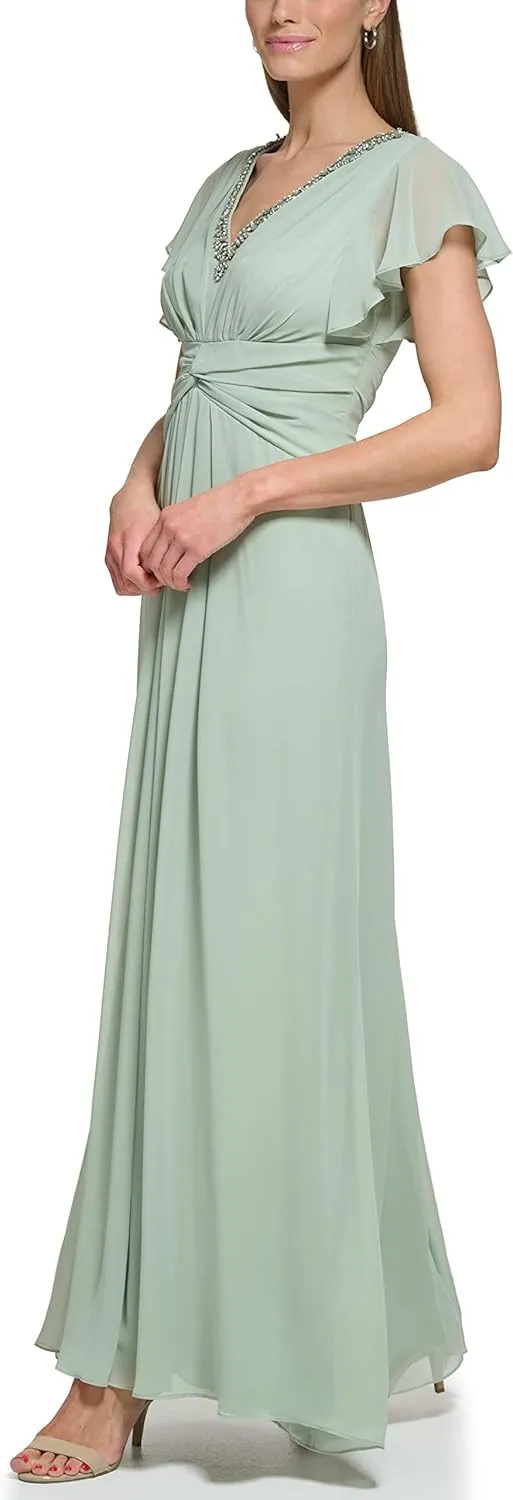 Eliza J Women's Gown Style Twist Waist Chiffon Flutter Sleeve Beaded Vneck Dress