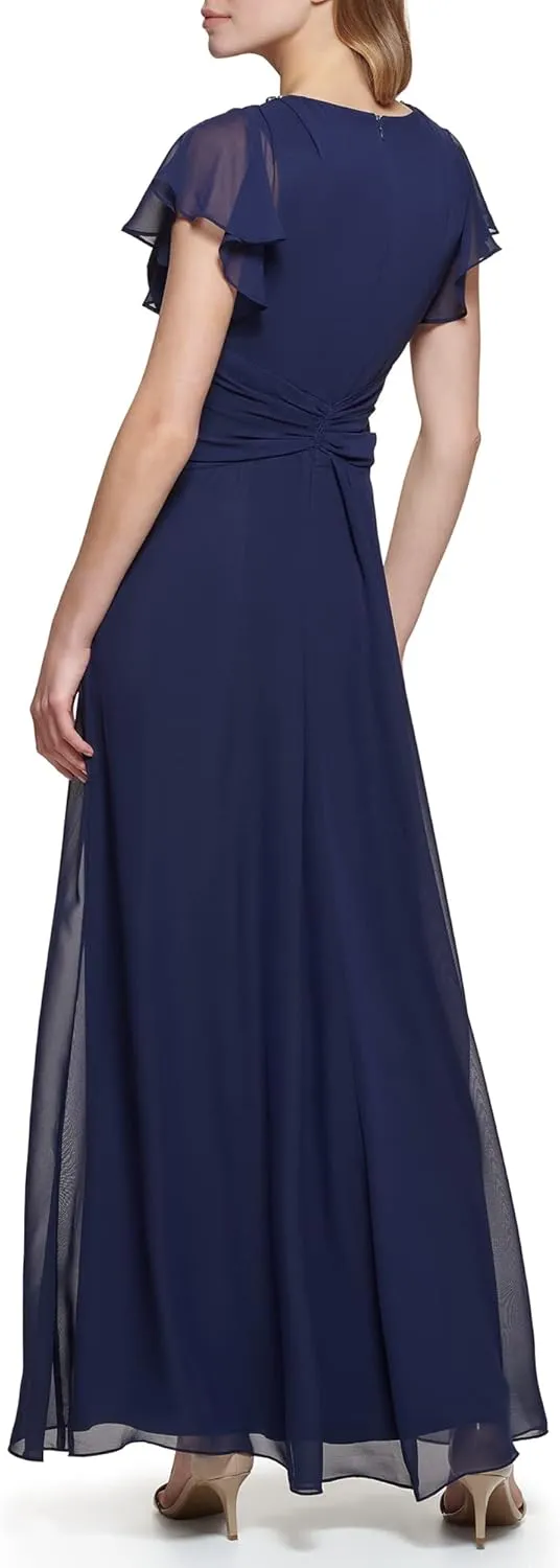 Eliza J Women's Gown Style Twist Waist Chiffon Flutter Sleeve Beaded Vneck Dress