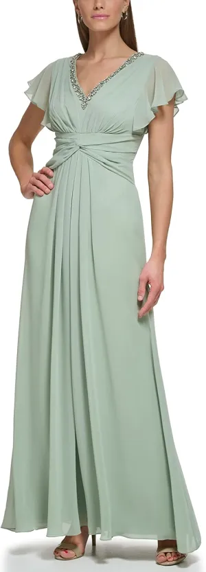 Eliza J Women's Gown Style Twist Waist Chiffon Flutter Sleeve Beaded Vneck Dress