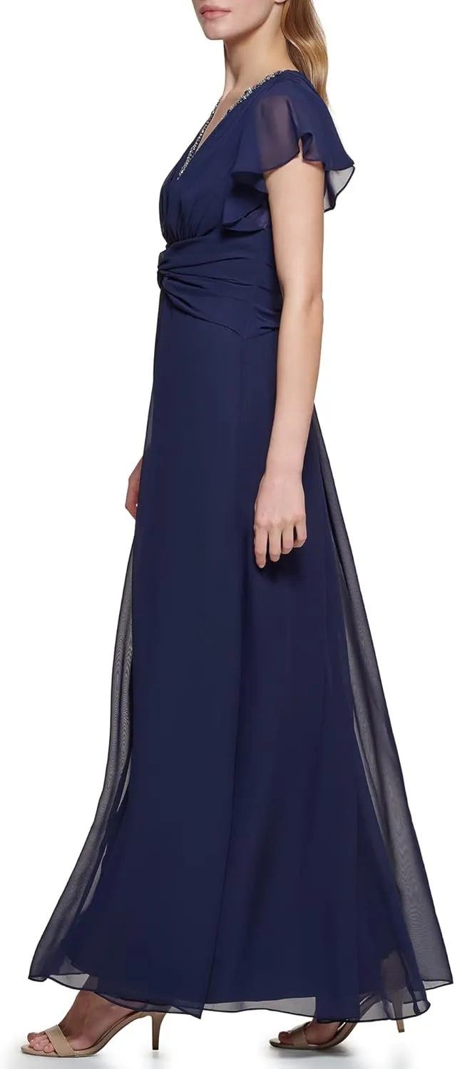 Eliza J Women's Gown Style Twist Waist Chiffon Flutter Sleeve Beaded Vneck Dress