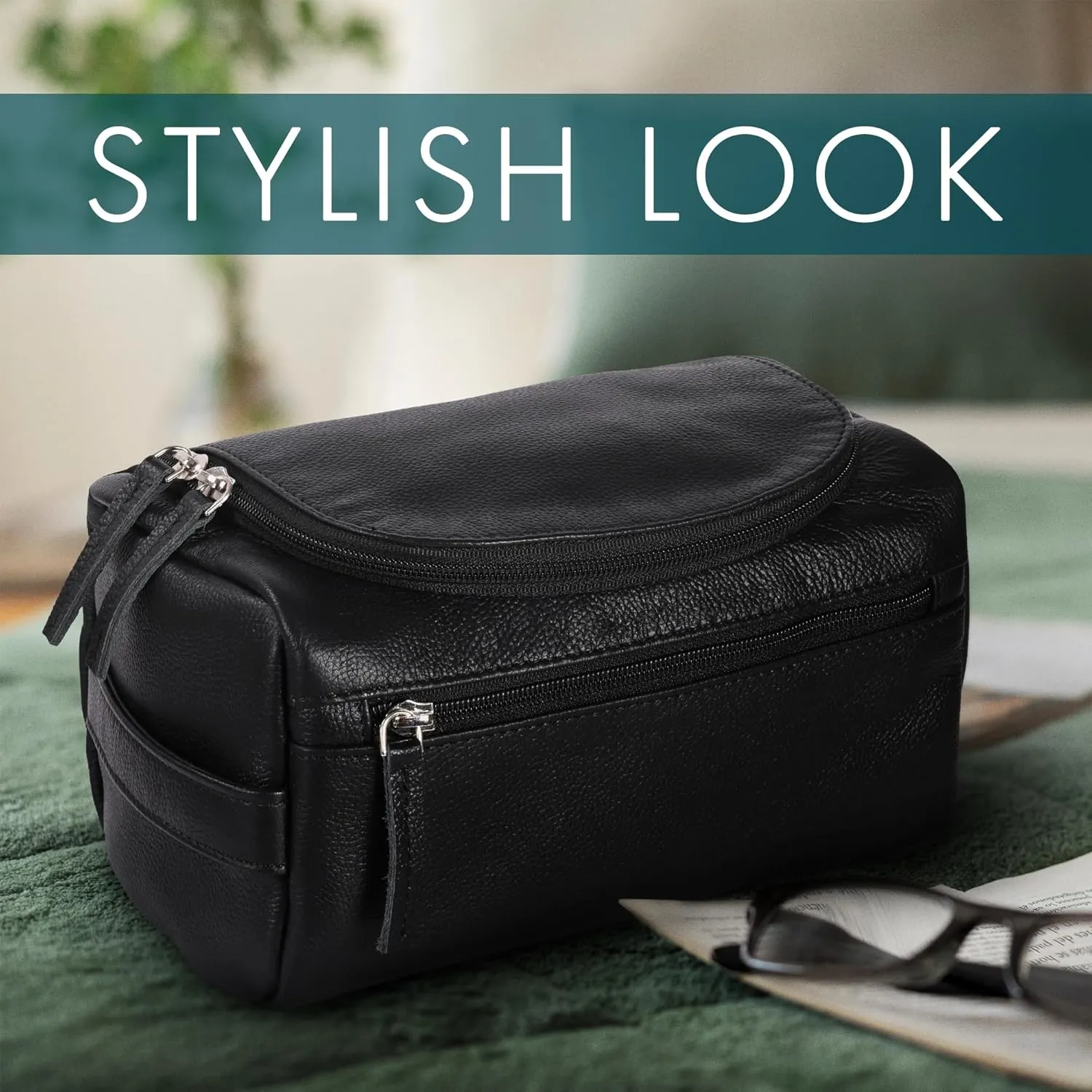 ELIZO Premium REAL Leather Toiletry Bag for Men Dopp Kitt Hanging Mens Toiletry Large TSA Toiletries Bag Shaving Grooming Bag Organizer Black