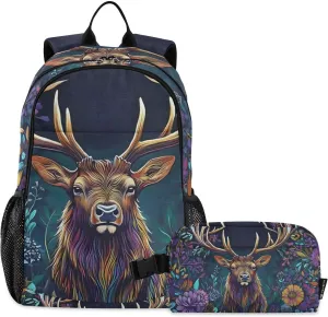 Elk Portrait Florals Backpack for School Boys Girls and Teens, Backpack for Men and Women, Lightweight Bookbag with Lunch Box Travel Laptop Daypack 18.5 x 11.8 In