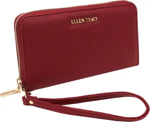 ELLEN TRACY Faux Leather Pebble Grain ID Card Case Wallet with Detachable Wristlet (Dark Red)