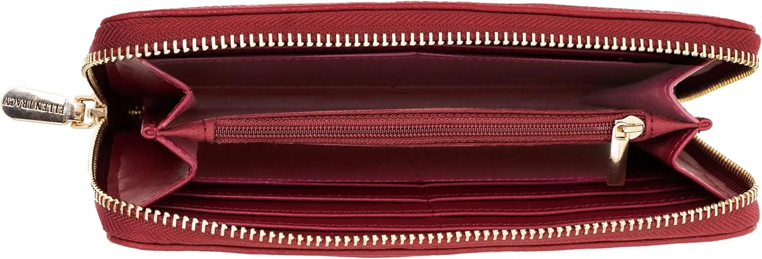 ELLEN TRACY Faux Leather Pebble Grain ID Card Case Wallet with Detachable Wristlet (Dark Red)