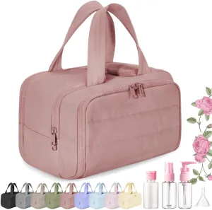 Elouva Toiletry Bag, Large Capacity Wide-Open Travel Cosmetic Bag, Standing Makeup Bag – Portable, Large Capacity, for Accessories, Essentials, Toiletries (Dark Pink)