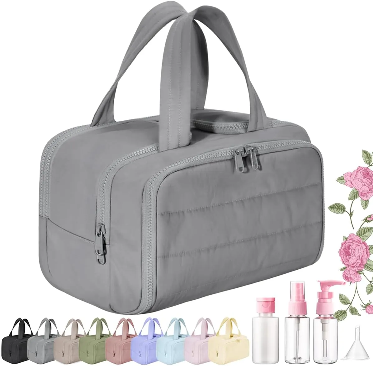 Elouva Toiletry Bag, Large Capacity Wide-Open Travel Cosmetic Bag, Standing Makeup Bag – Portable, Large Capacity, for Accessories, Essentials, Toiletries (Gray)