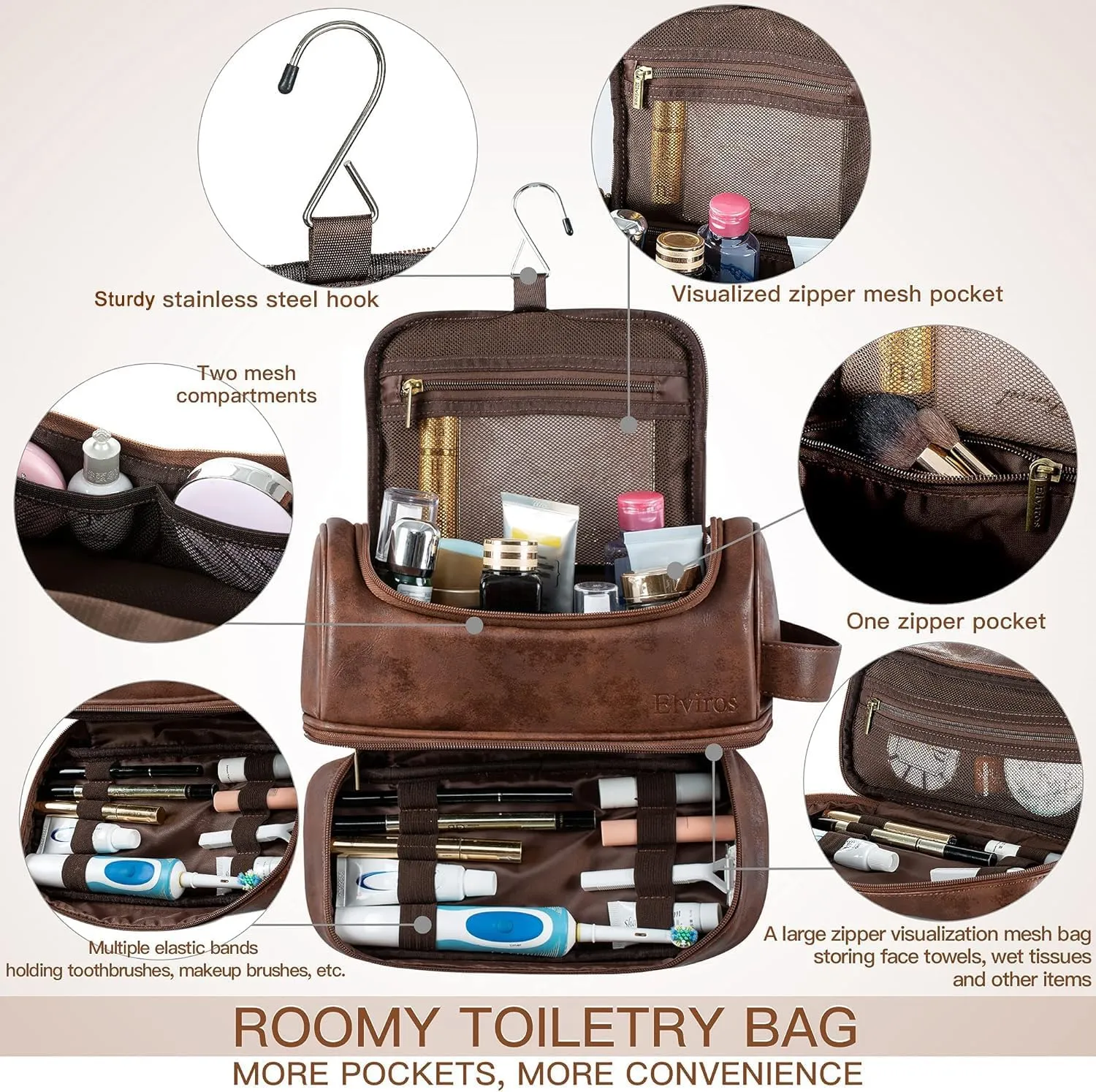 Elviros Toiletry Bag for Mens PU Leather Travel Organizer Kit with Hanging hook, Large Water-resistant Toiletries Bathroom Shaving Bag, Gift For Men (Dark Brown)