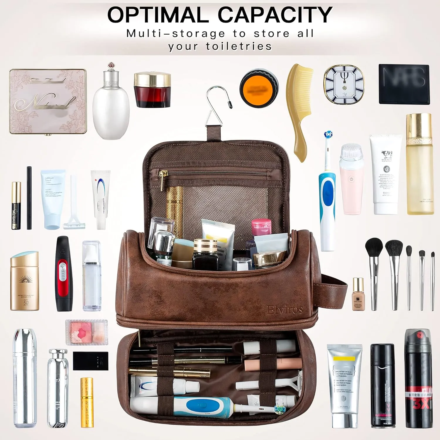Elviros Toiletry Bag for Mens PU Leather Travel Organizer Kit with Hanging hook, Large Water-resistant Toiletries Bathroom Shaving Bag, Gift For Men (Dark Brown)