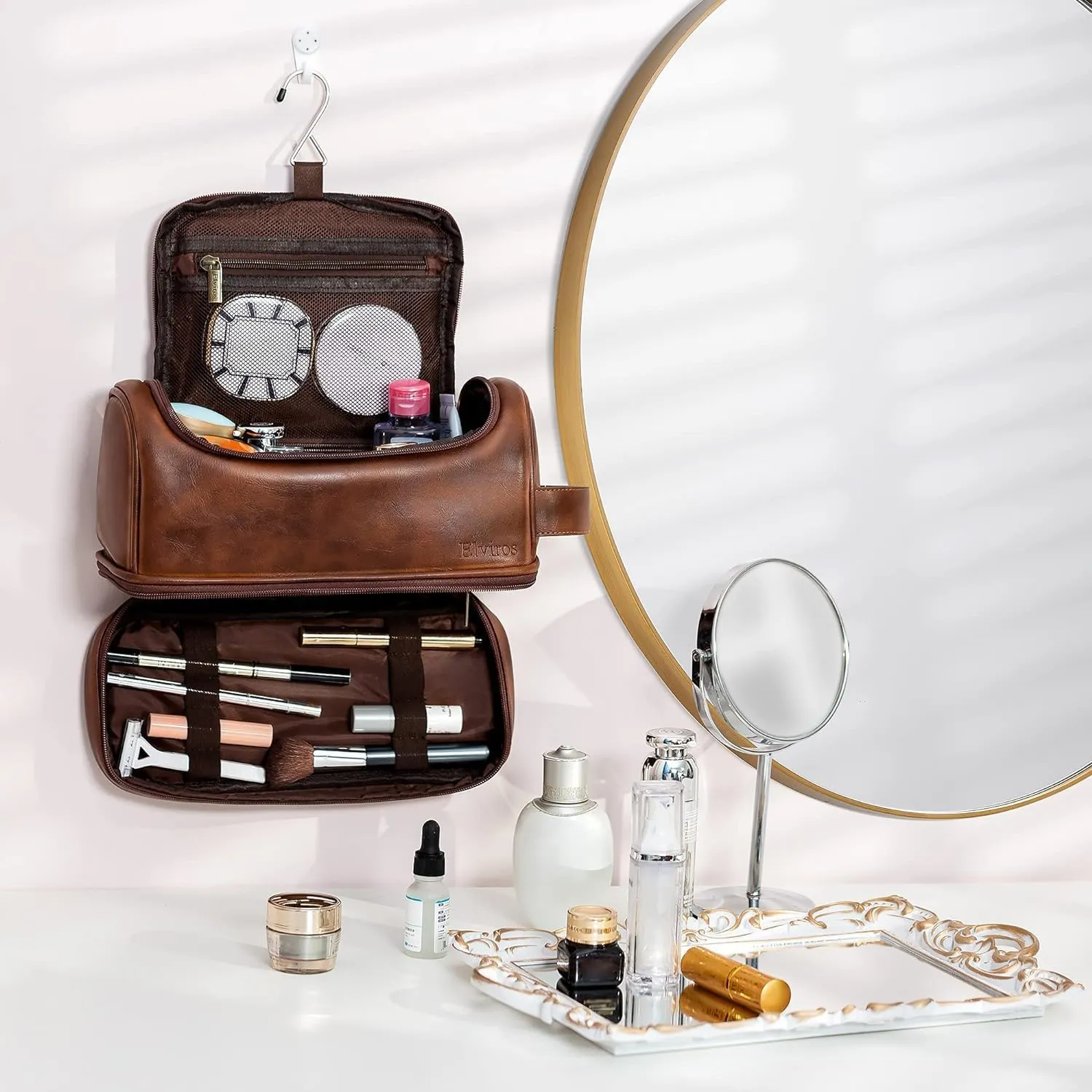 Elviros Toiletry Bag for Mens PU Leather Travel Organizer Kit with Hanging hook, Large Water-resistant Toiletries Bathroom Shaving Bag, Gift For Men (Dark Brown)