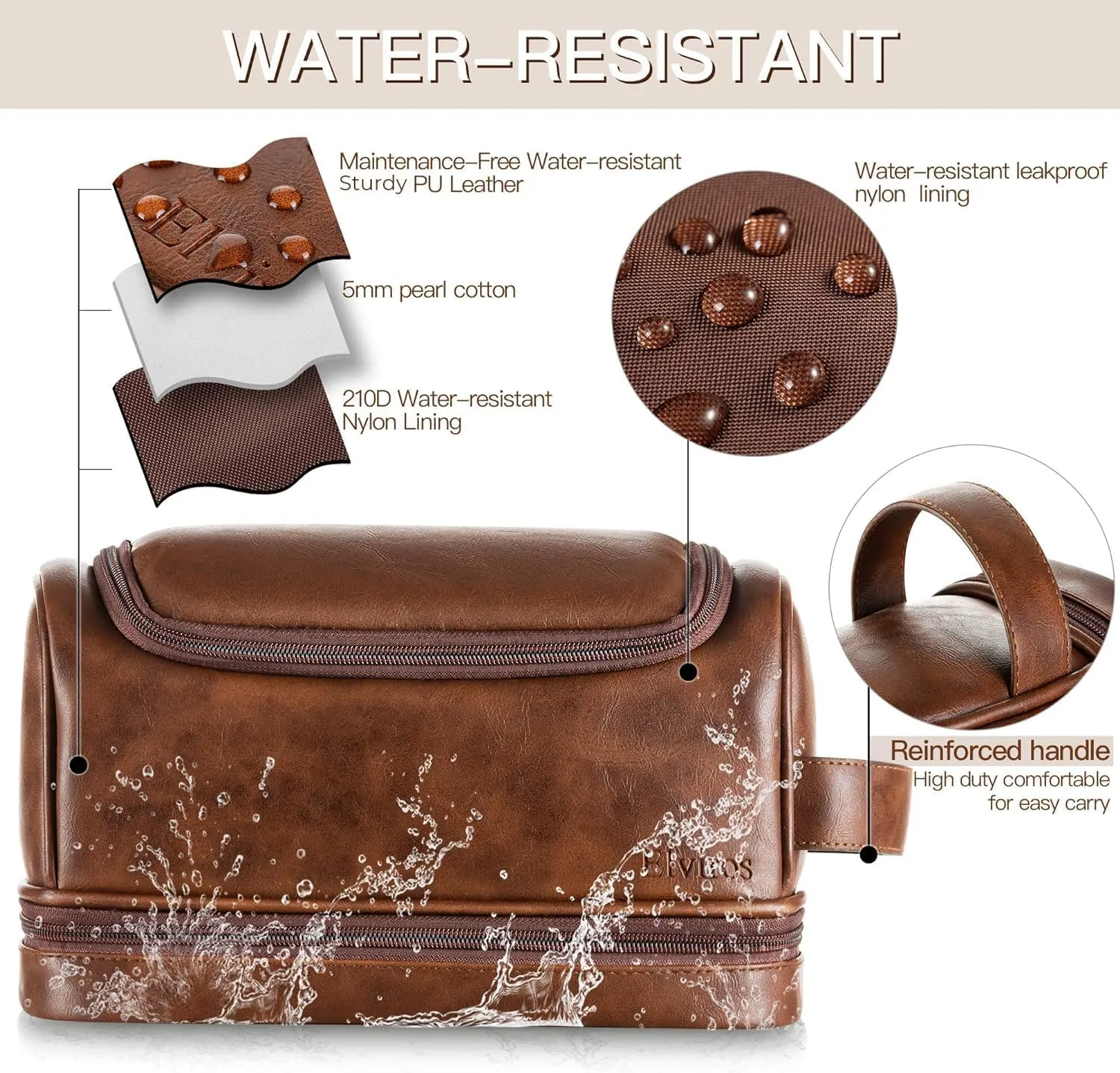Elviros Toiletry Bag for Mens PU Leather Travel Organizer Kit with Hanging hook, Large Water-resistant Toiletries Bathroom Shaving Bag, Gift For Men (Dark Brown)