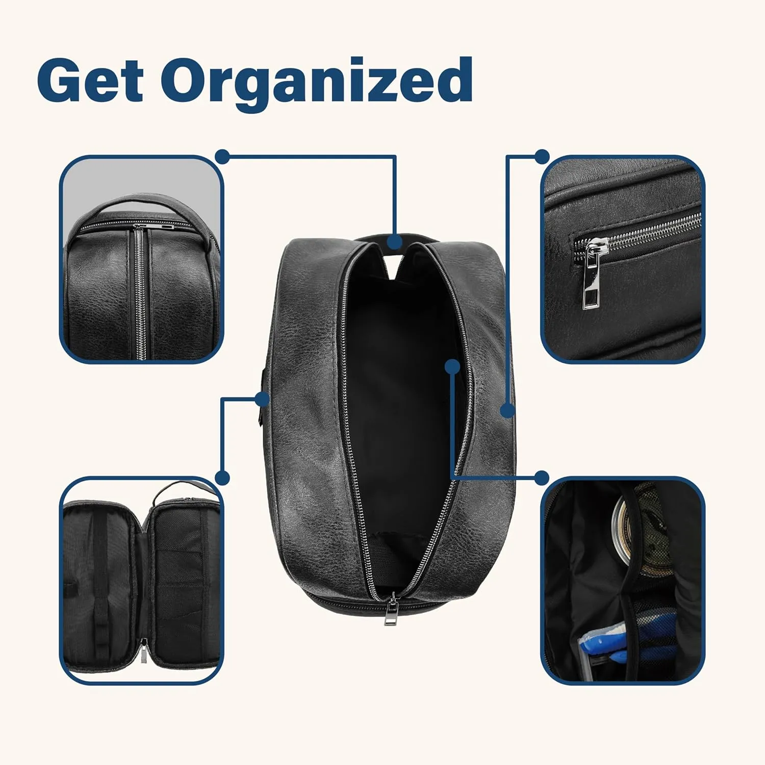emissary Leather Travel Toiletry Bag for Men, Water Resistant Travel Toiletry Organizer Dopp Kit, Large Capacity Travel Kit for Men, Shaving Bag for Travel Accessories - Black
