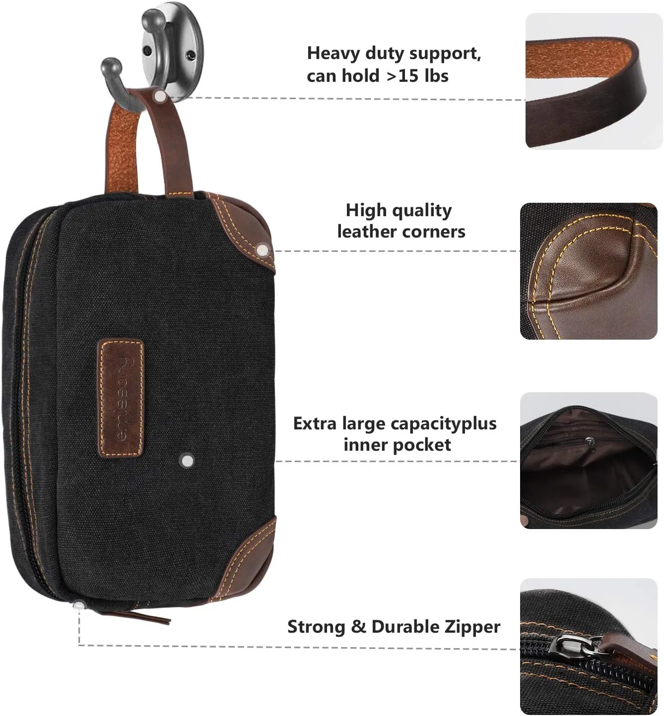 emissary Men's Toiletry Bag, Leather and Canvas Travel Toiletry Bag, Dopp Kit for Men, Travel Bathroom Bag Men's Shaving Kit, Travel Kit Small Bags for Men, Shaving Bag for Travel Accessories (Black)
