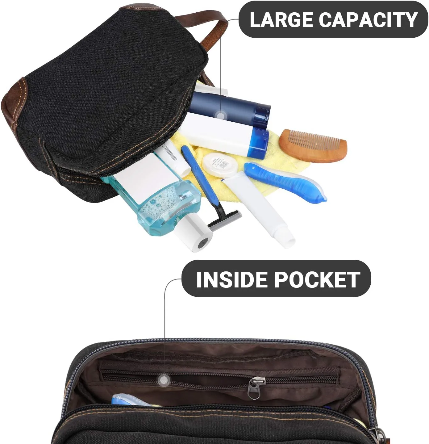 emissary Men's Toiletry Bag, Leather and Canvas Travel Toiletry Bag, Dopp Kit for Men, Travel Bathroom Bag Men's Shaving Kit, Travel Kit Small Bags for Men, Shaving Bag for Travel Accessories (Black)