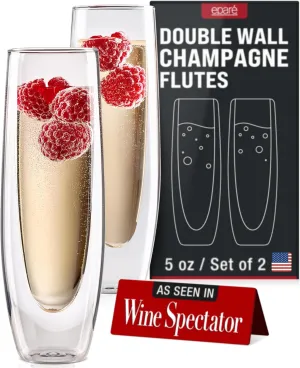 Eparé Double Wall Stemless Champagne Flutes Glass - Set of 2 Lightweight Mimosa and Prosecco Glasses for Bridal Shower, Bridesmaid Gift - Modern Stemless Champagne Glasses