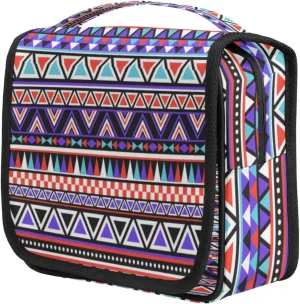 Ethnic Aztec Tatoo Travel Toiletry Bag for Women Portable Waterproof Travel Makeup Bag with Hanging Hook Makeup Cosmetic Organizer for Travel Business Trip Camping Bathroom