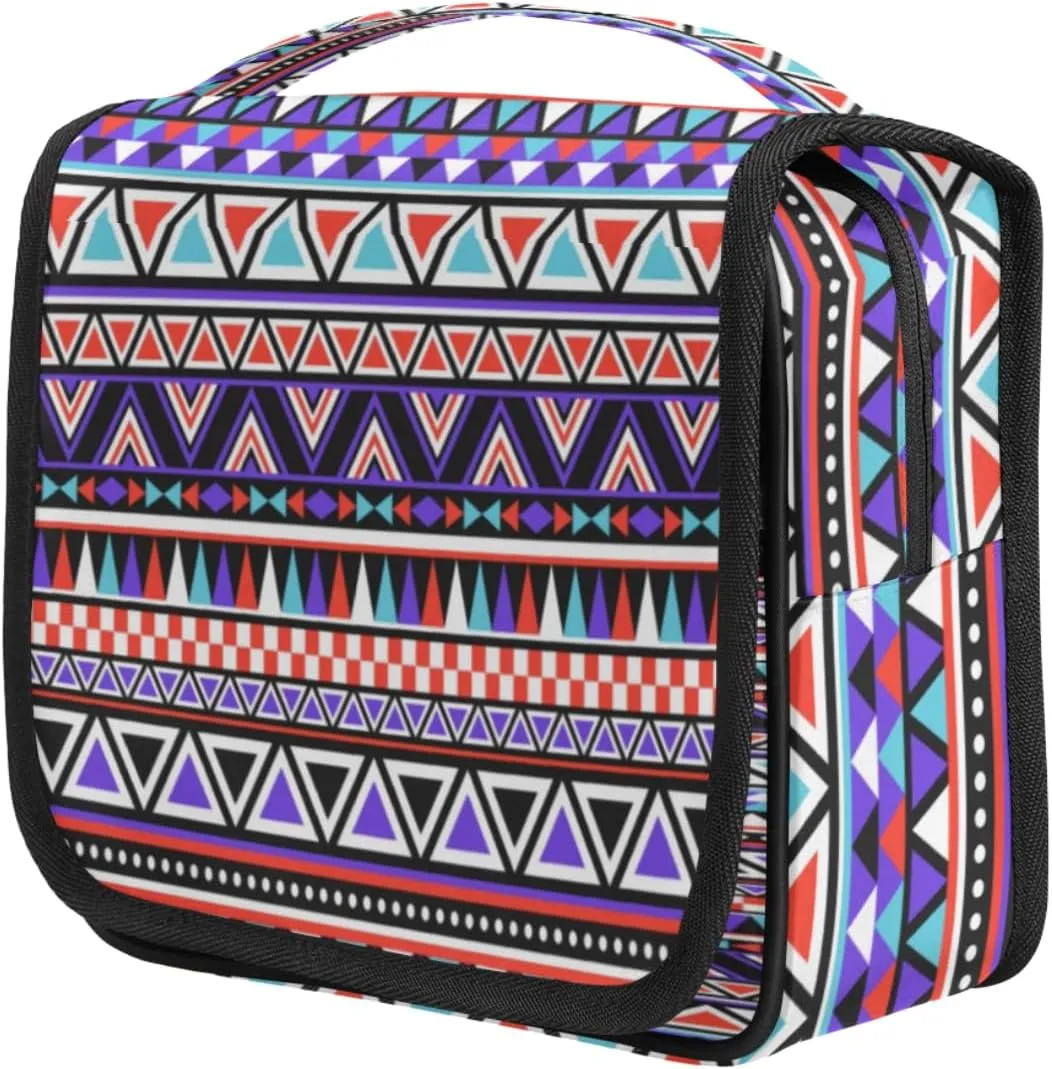 Ethnic Aztec Tatoo Travel Toiletry Bag for Women Portable Waterproof Travel Makeup Bag with Hanging Hook Makeup Cosmetic Organizer for Travel Business Trip Camping Bathroom