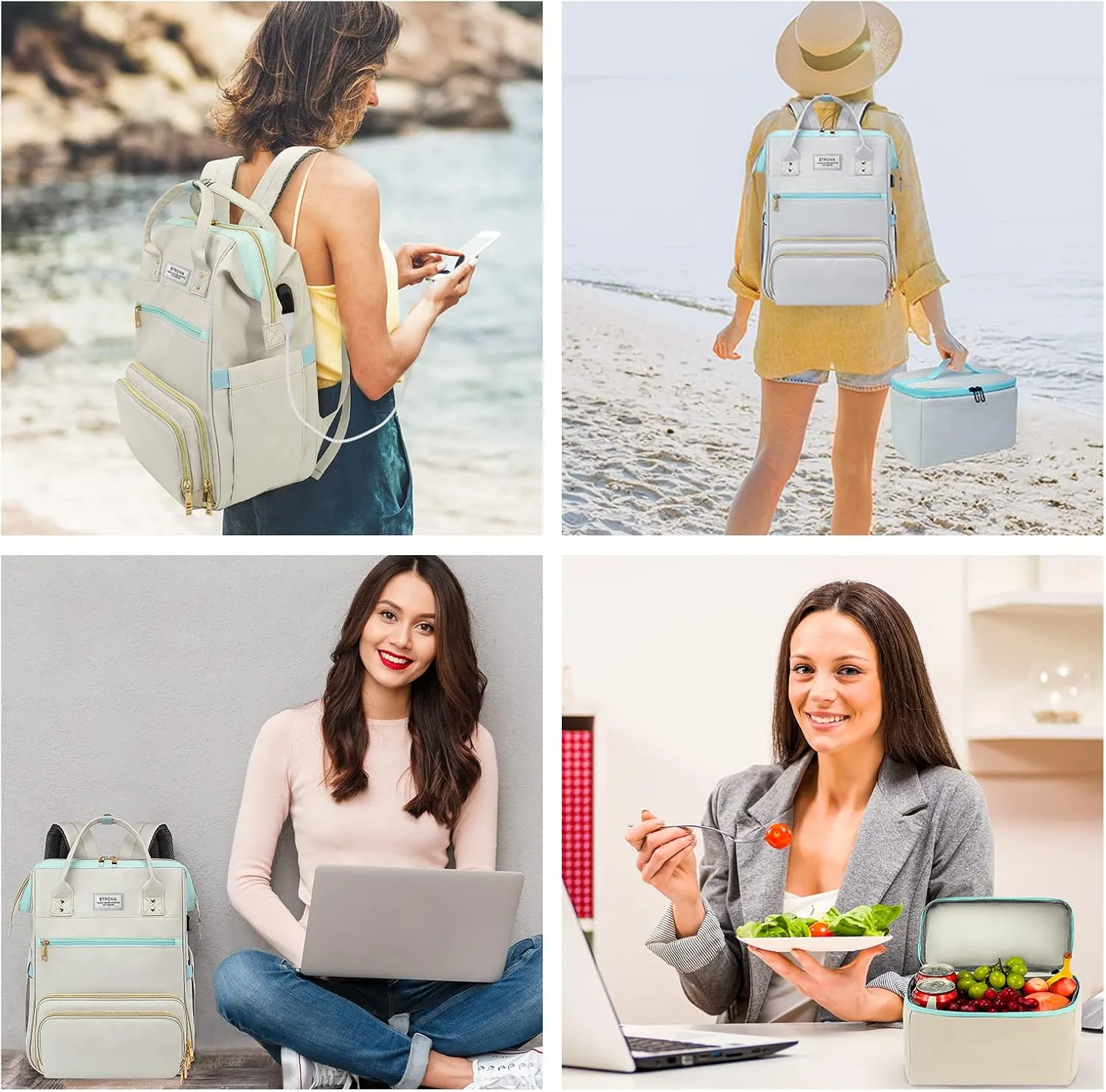 ETRONIK Lunch Backpack, 15.6 Inch Laptop Backpack with USB Port, Stylish Nurse, Teacher Work Bag with Insulated Cooler Lunch Box for Women Men/Travel, Grey Blue