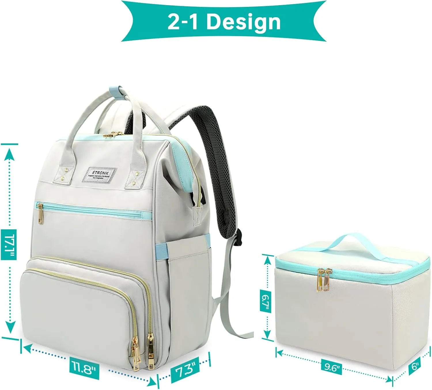 ETRONIK Lunch Backpack, 15.6 Inch Laptop Backpack with USB Port, Stylish Nurse, Teacher Work Bag with Insulated Cooler Lunch Box for Women Men/Travel, Grey Blue