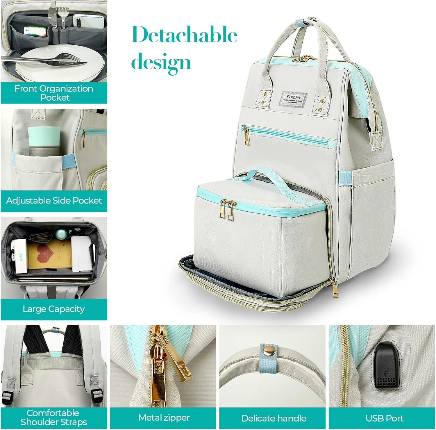 ETRONIK Lunch Backpack, 15.6 Inch Laptop Backpack with USB Port, Stylish Nurse, Teacher Work Bag with Insulated Cooler Lunch Box for Women Men/Travel, Grey Blue