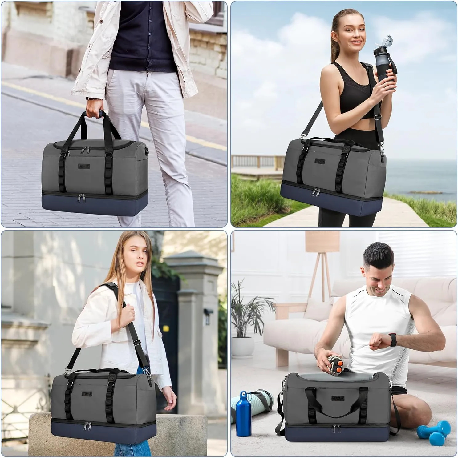 ETRONIK Travel Duffle Bag for Men Women, Waterproof Gym Bag with Shoe Compartment, Weekender Overnight Bag with Toiletry Bag, Carry on Bags for Airplanes for Travel, Trip, Gym, Yoga