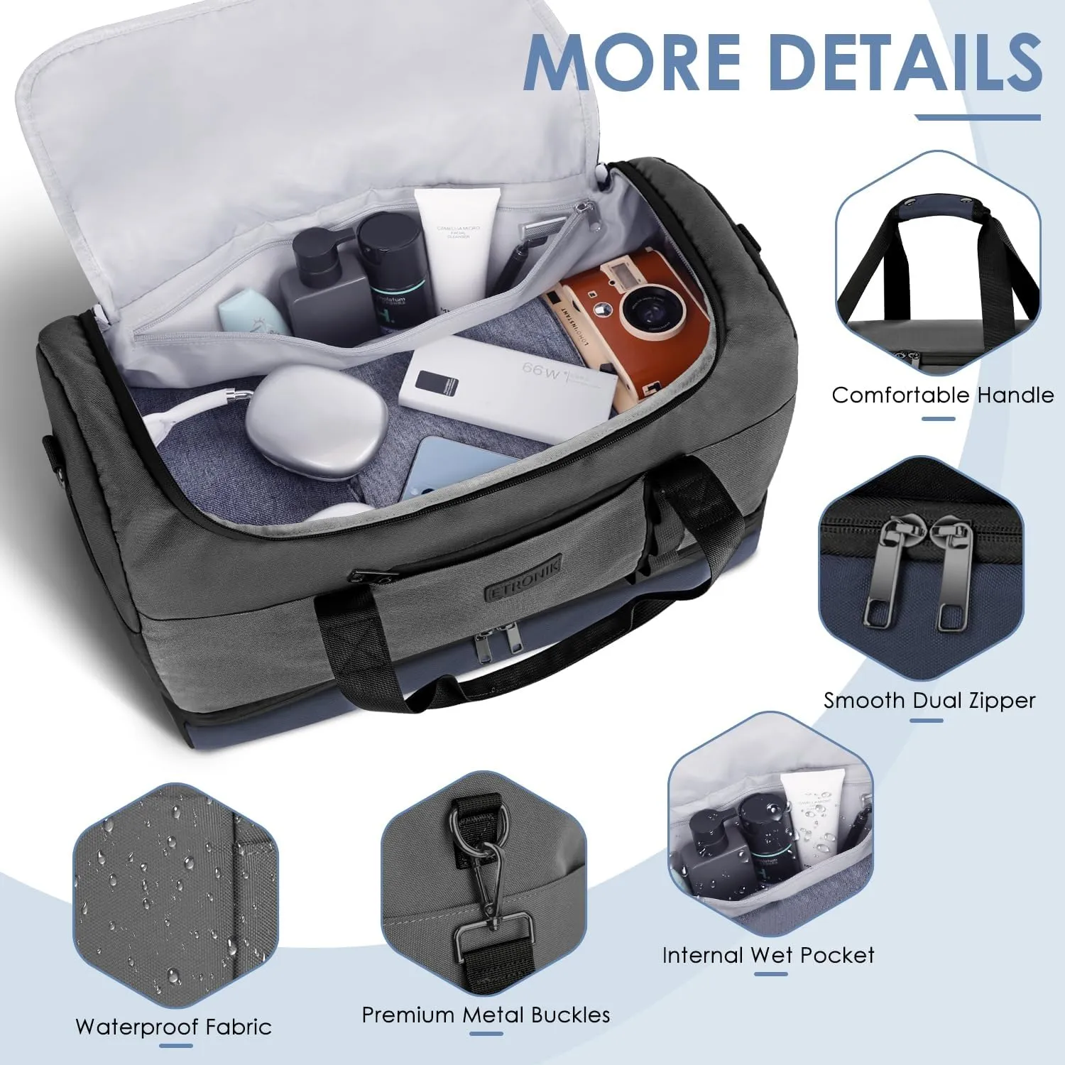 ETRONIK Travel Duffle Bag for Men Women, Waterproof Gym Bag with Shoe Compartment, Weekender Overnight Bag with Toiletry Bag, Carry on Bags for Airplanes for Travel, Trip, Gym, Yoga