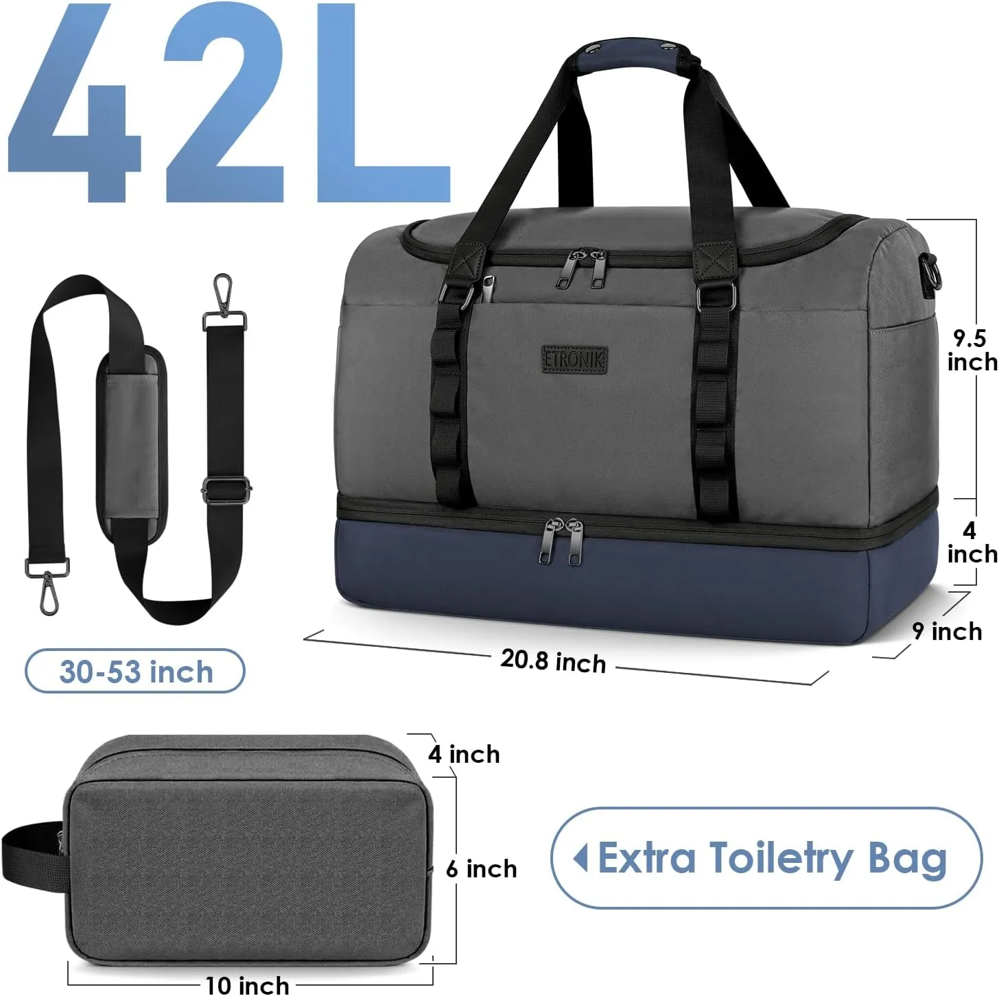 ETRONIK Travel Duffle Bag for Men Women, Waterproof Gym Bag with Shoe Compartment, Weekender Overnight Bag with Toiletry Bag, Carry on Bags for Airplanes for Travel, Trip, Gym, Yoga