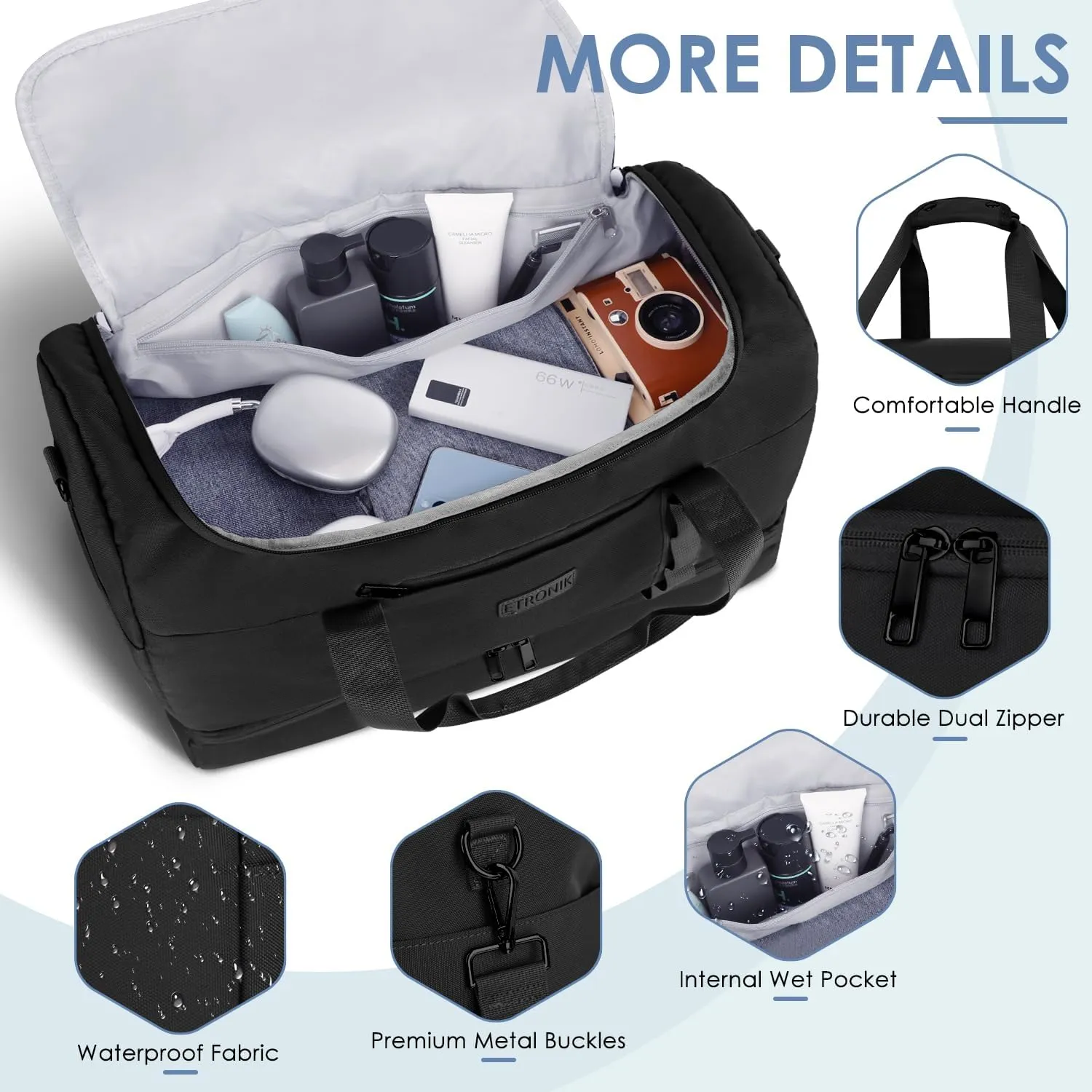 ETRONIK XL Duffle Bag for Travel Men Women, Extra Large Travel Bag with Shoe Compartment, Carry on Bag with Toiletry Bag, Weekender Overnight Bag for Sports Business Trip, Black