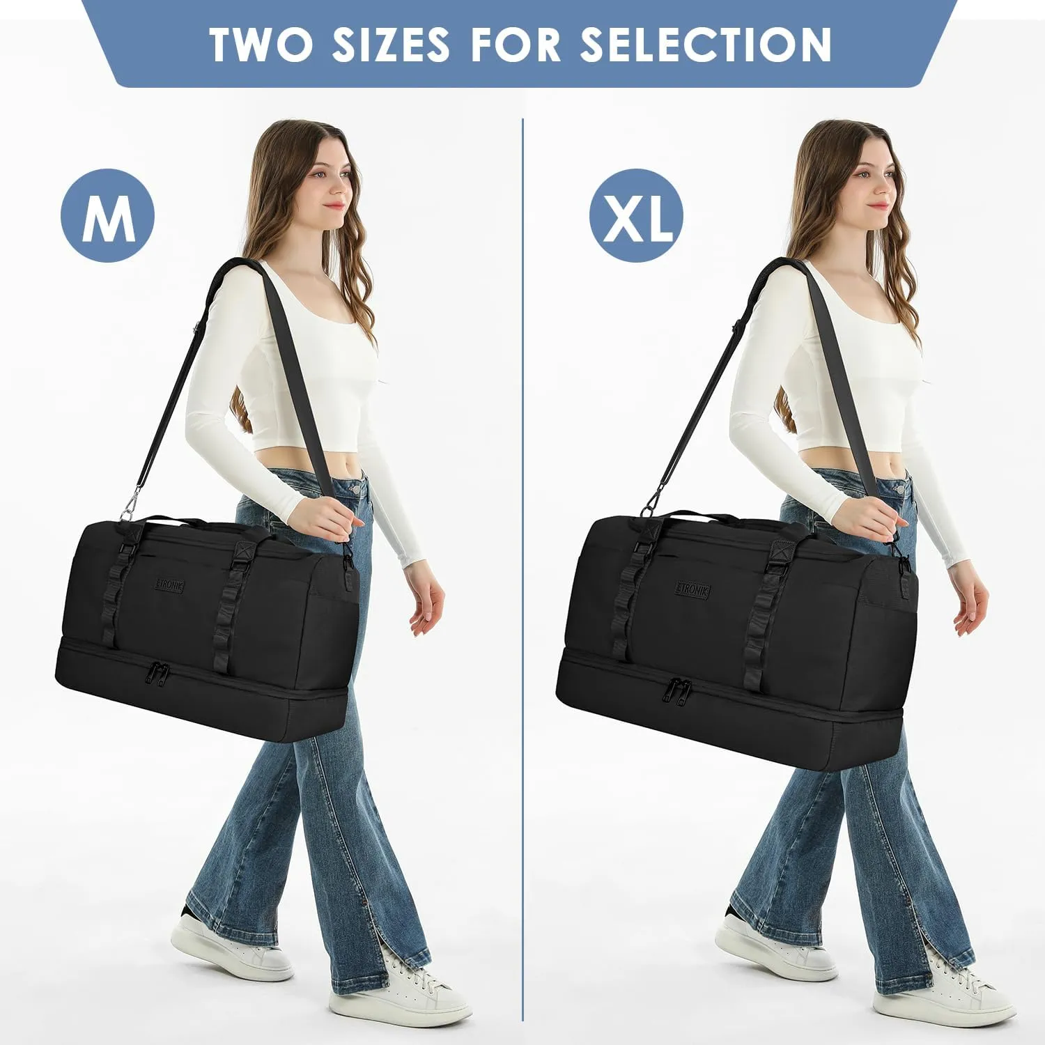 ETRONIK XL Duffle Bag for Travel Men Women, Extra Large Travel Bag with Shoe Compartment, Carry on Bag with Toiletry Bag, Weekender Overnight Bag for Sports Business Trip, Black