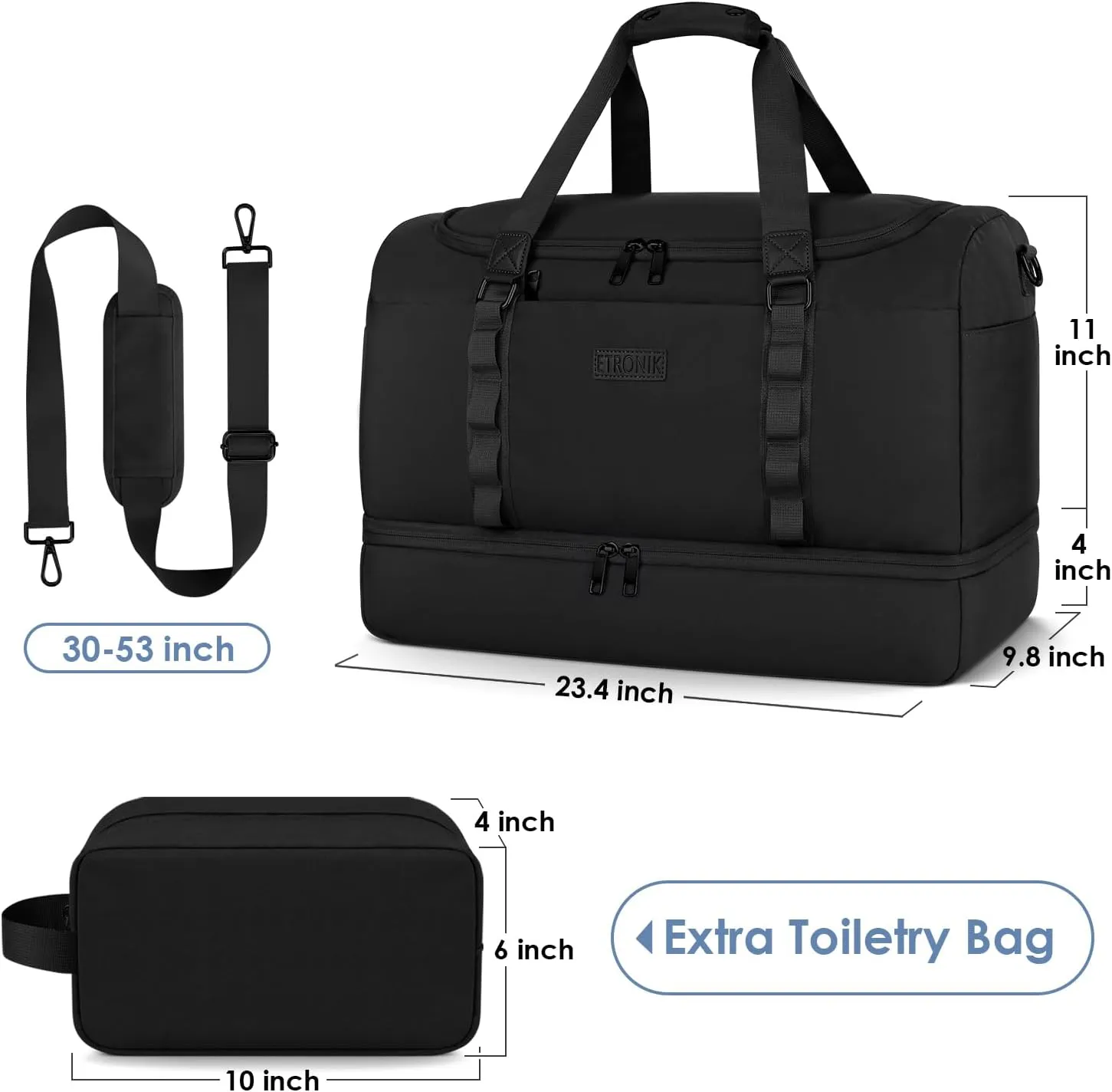 ETRONIK XL Duffle Bag for Travel Men Women, Extra Large Travel Bag with Shoe Compartment, Carry on Bag with Toiletry Bag, Weekender Overnight Bag for Sports Business Trip, Black