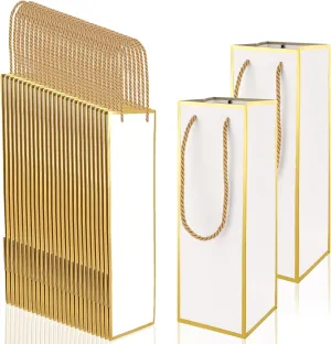 EupHHonycs 50 Pack Elegant Wine Gift Bags 4" X 4" X 13.8" Gold Foil White Bags with Handles Reusable Liquor Bags with Gold Foil Print for Birthday Party Wedding Bridal Shower