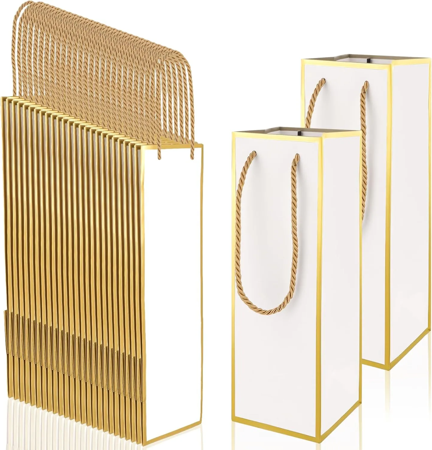 EupHHonycs 50 Pack Elegant Wine Gift Bags 4" X 4" X 13.8" Gold Foil White Bags with Handles Reusable Liquor Bags with Gold Foil Print for Birthday Party Wedding Bridal Shower