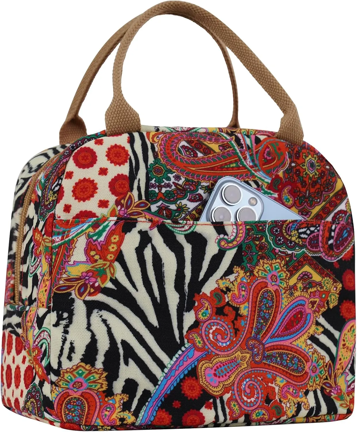 EurCross Aesthetic Lunch Box Bag for Women Daily Use,Boho Stylish Elegant Canvas Insulated Adult Lunch Bento Box Tote Bag