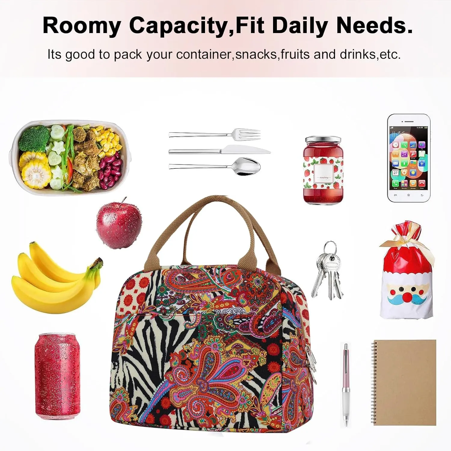 EurCross Aesthetic Lunch Box Bag for Women Daily Use,Boho Stylish Elegant Canvas Insulated Adult Lunch Bento Box Tote Bag