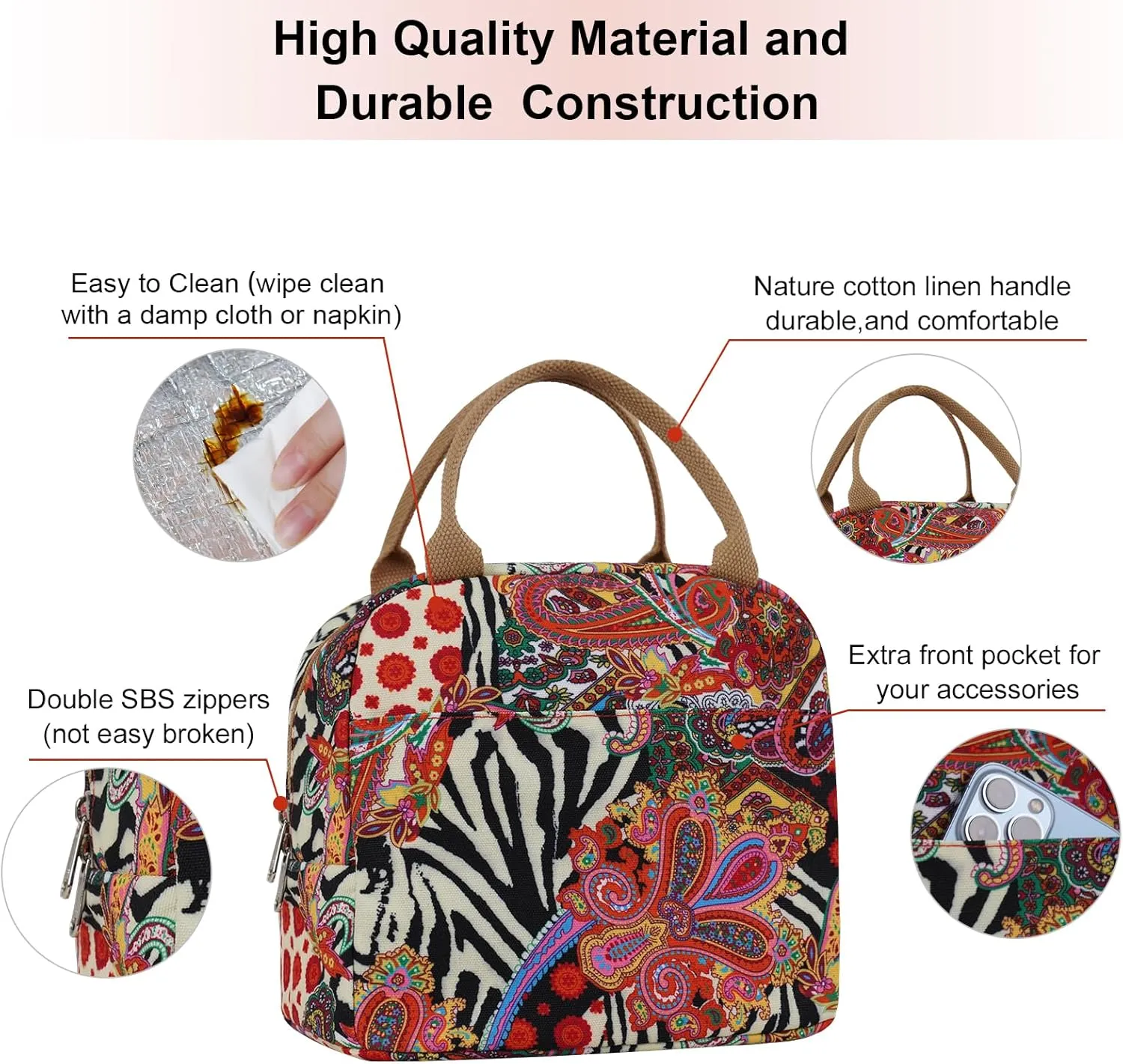 EurCross Aesthetic Lunch Box Bag for Women Daily Use,Boho Stylish Elegant Canvas Insulated Adult Lunch Bento Box Tote Bag