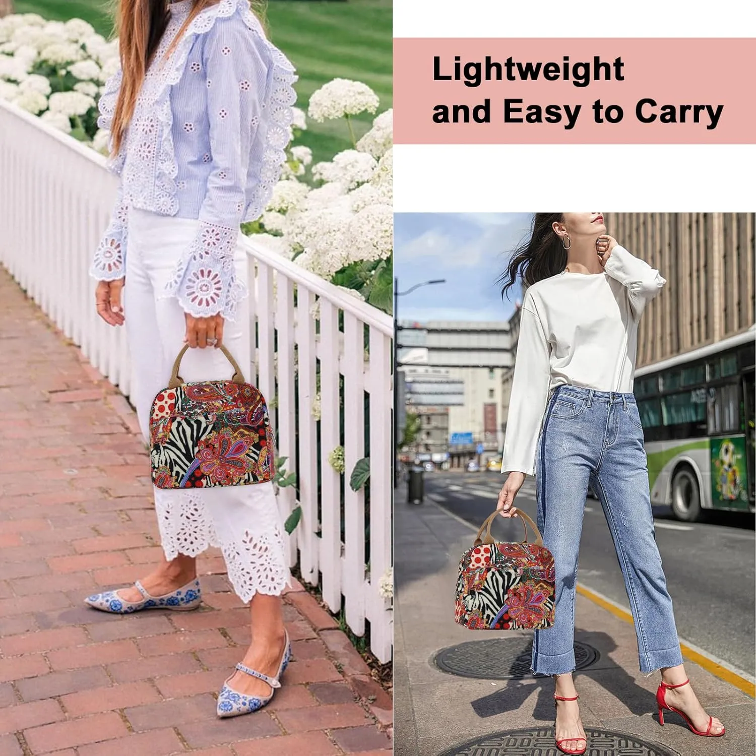 EurCross Aesthetic Lunch Box Bag for Women Daily Use,Boho Stylish Elegant Canvas Insulated Adult Lunch Bento Box Tote Bag