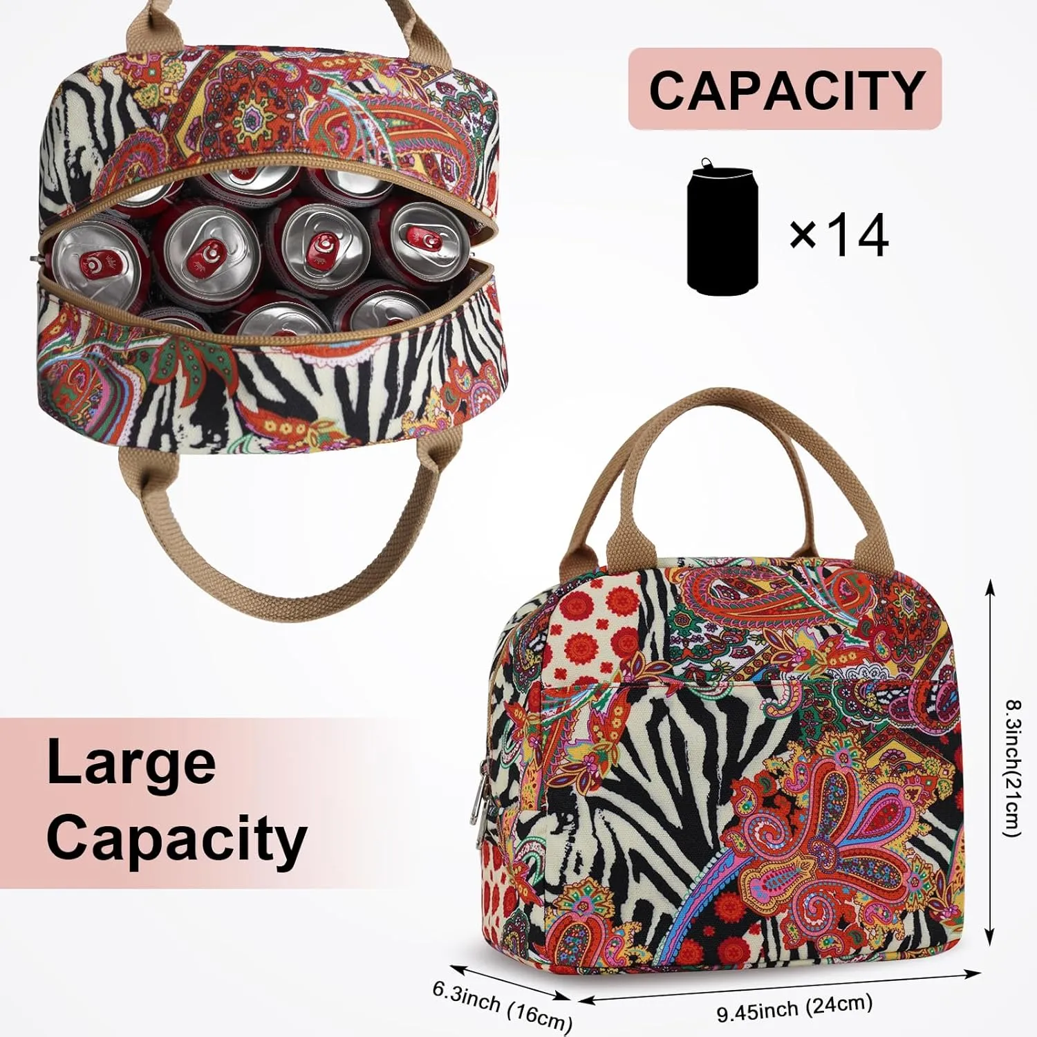 EurCross Aesthetic Lunch Box Bag for Women Daily Use,Boho Stylish Elegant Canvas Insulated Adult Lunch Bento Box Tote Bag