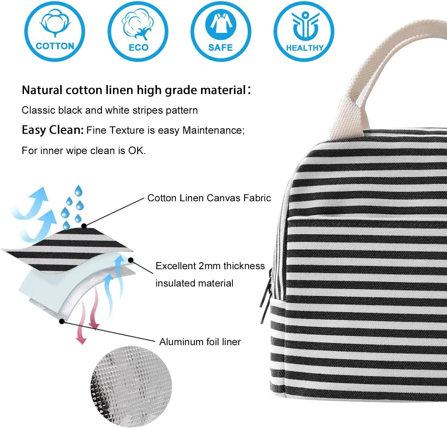 EurCross Canvas Lunch Tote Bag for Women for Work with Black and White Stripes, Reusable Insulated Meal Prep Preppy Lunch Box Bag for Daily Use, Cute Lunch Cooler Bento Boxes Bags