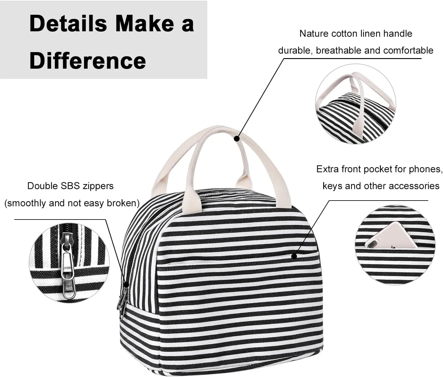 EurCross Canvas Lunch Tote Bag for Women for Work with Black and White Stripes, Reusable Insulated Meal Prep Preppy Lunch Box Bag for Daily Use, Cute Lunch Cooler Bento Boxes Bags