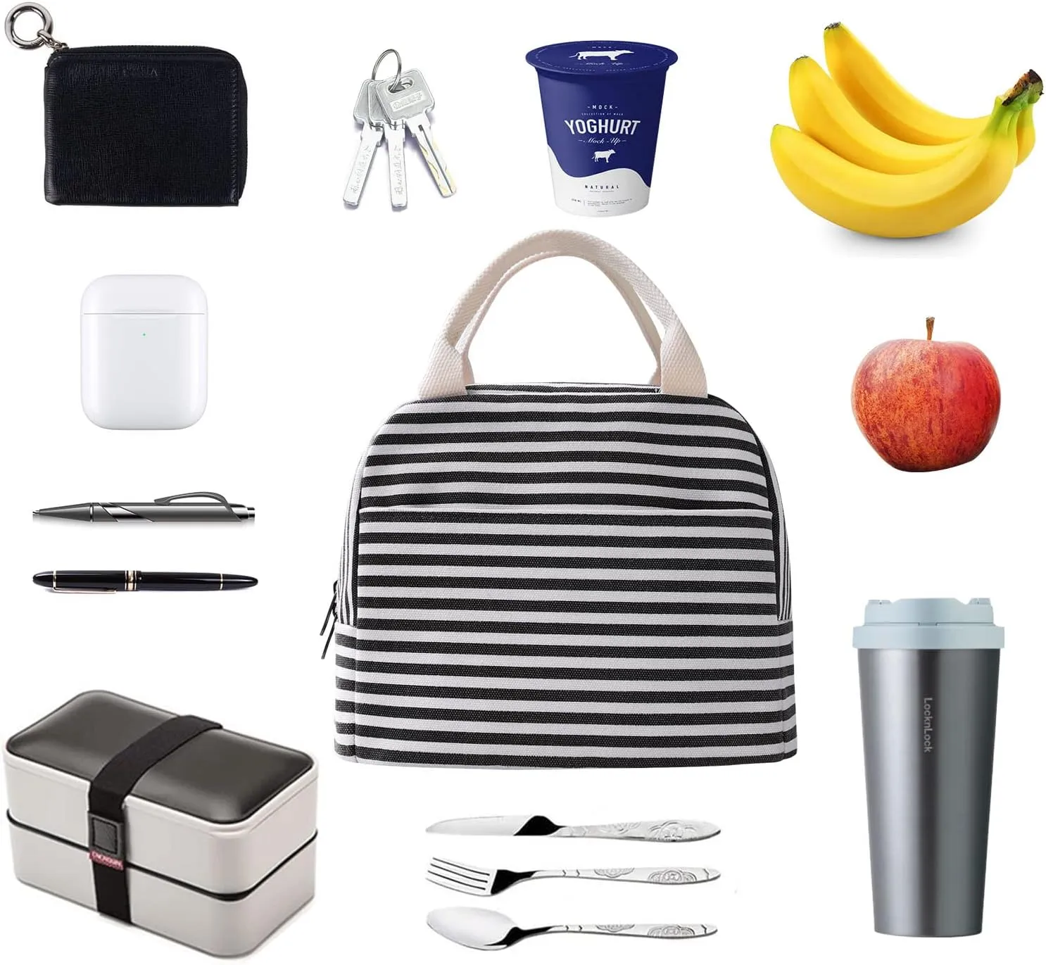 EurCross Canvas Lunch Tote Bag for Women for Work with Black and White Stripes, Reusable Insulated Meal Prep Preppy Lunch Box Bag for Daily Use, Cute Lunch Cooler Bento Boxes Bags