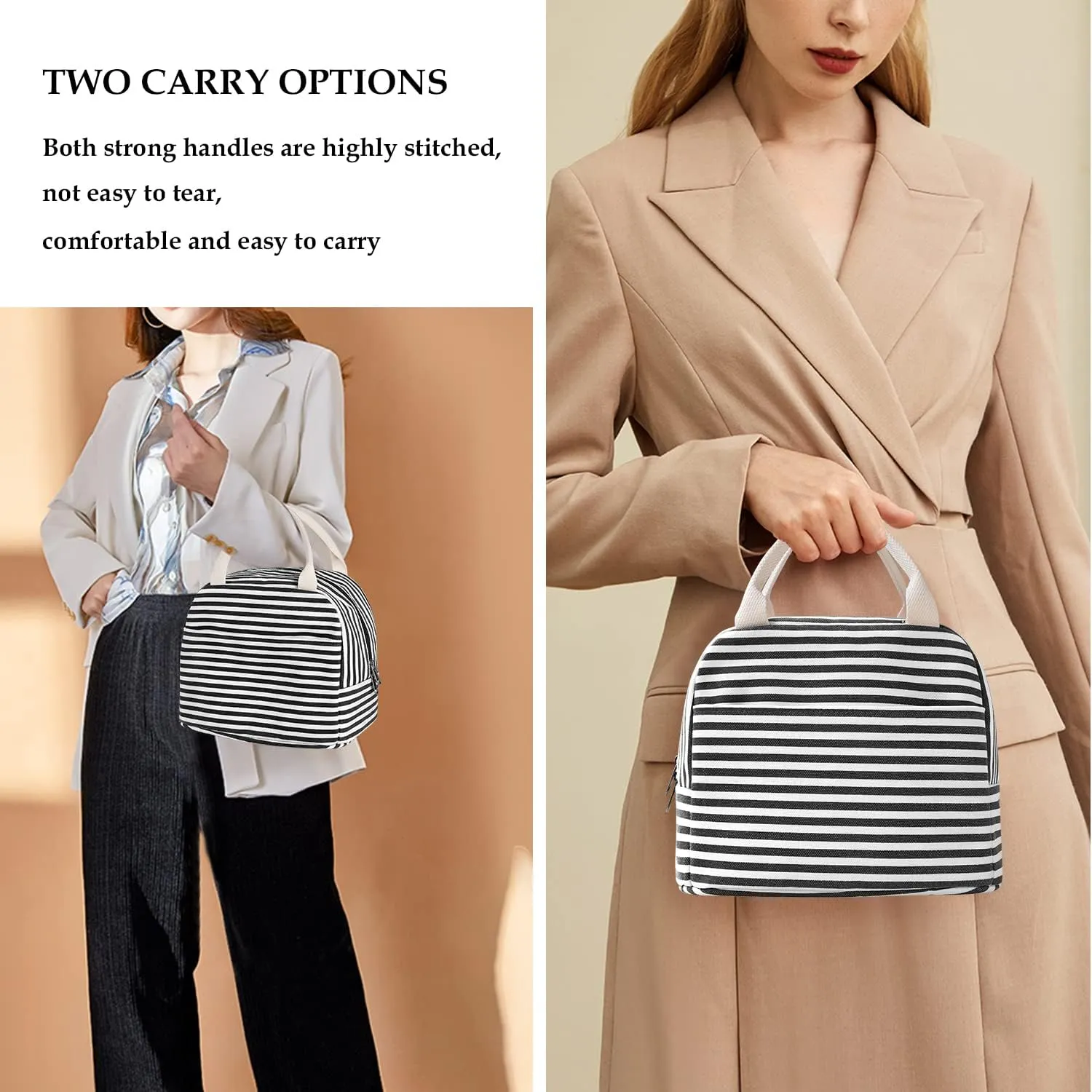 EurCross Canvas Lunch Tote Bag for Women for Work with Black and White Stripes, Reusable Insulated Meal Prep Preppy Lunch Box Bag for Daily Use, Cute Lunch Cooler Bento Boxes Bags