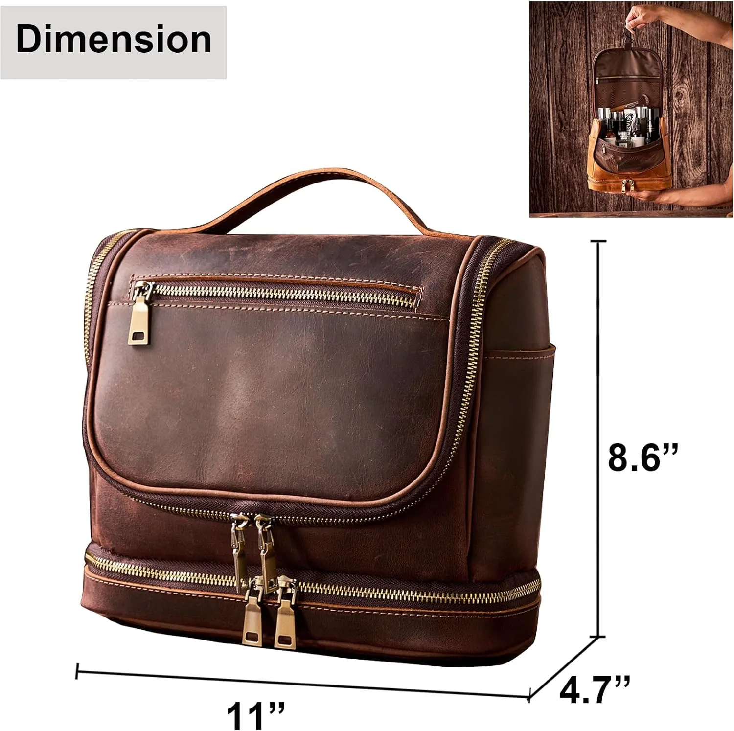 EURYNOME Travel Toiletry Bag For Men, Genuine Leather Shaving Dopp Kit Bottom Storage Holds More (11x8.6x4.7)-Mens Toiletry Bag -Leather Makeup Cosmetic Organizer Kit - Men Travel Toiletries Bag