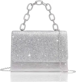 Evening Bag Sparkle Clutch Purse for Women, Silver Purse with Metal Handle, Small Formal Women Handbag with Detachable Crossbody Chain, Shinny Envelope Evening Clutch for Wedding Party Prom
