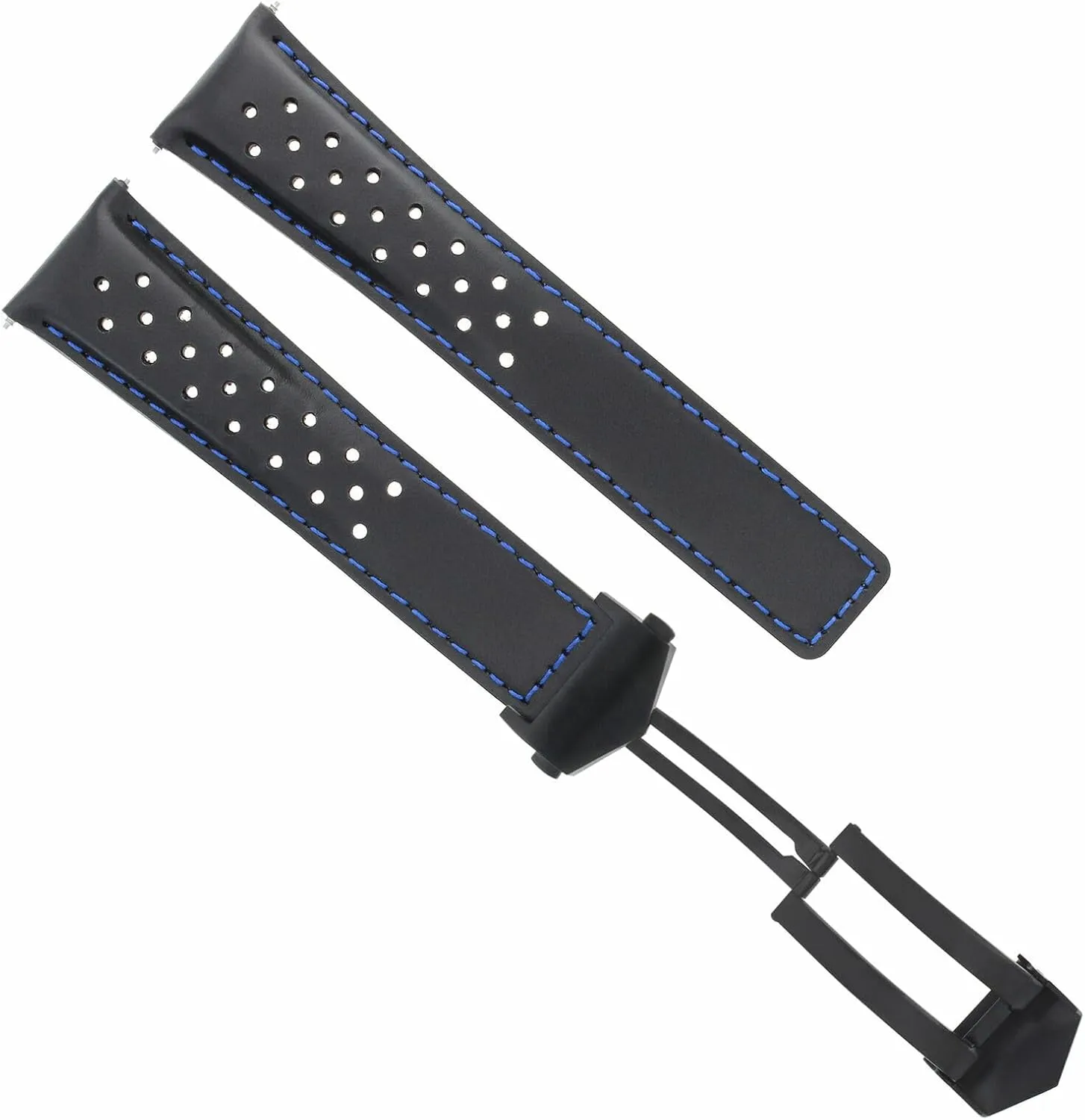 Ewatchparts 22mm Leather Watch Band Strap Compatible With Tag Heuer Carrera Monaco Calibre 11 12 16 Black With Blue Stitching