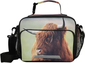 Exnundod Highland Bull Pasture Meadow Reusable Lunch Bag Farm Animal Print Insulated Cooler Bag Keep Thermal Lunch Box Tote for Picnic Office Camping Daily Use
