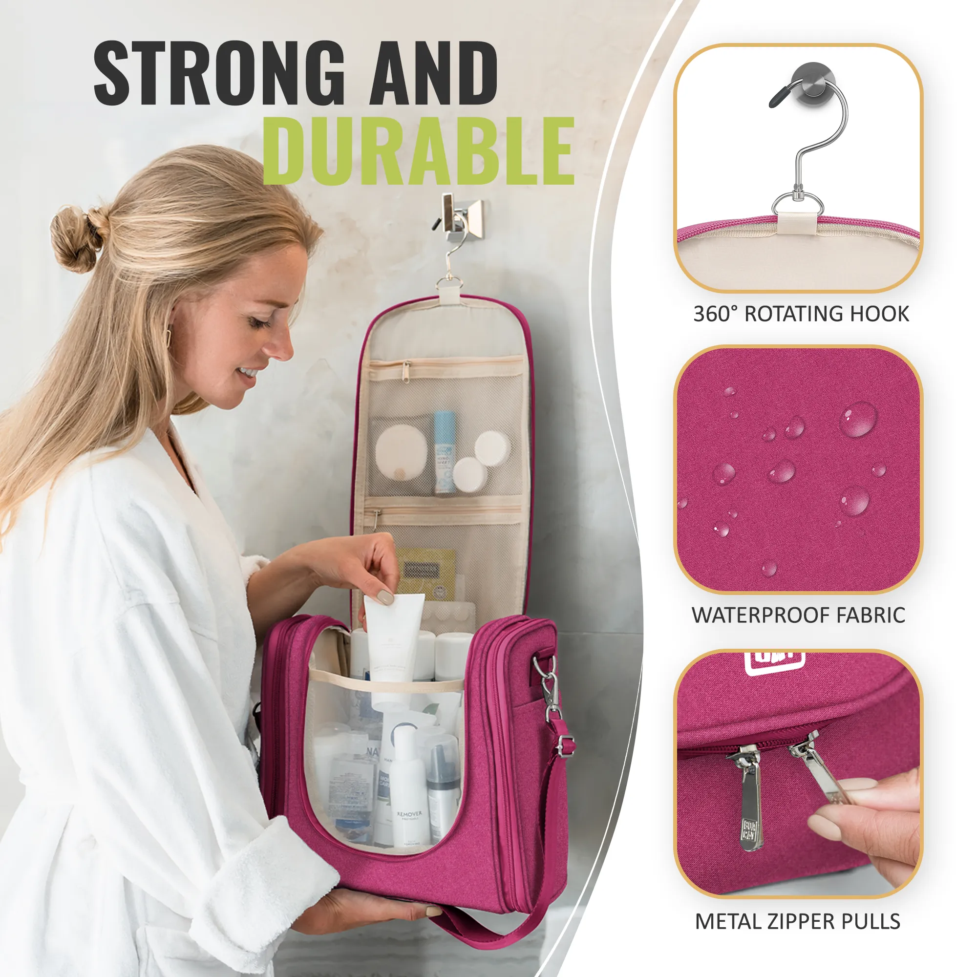 Extra-Large Collapsible Hanging Toiletry Bag - Cerise Pink