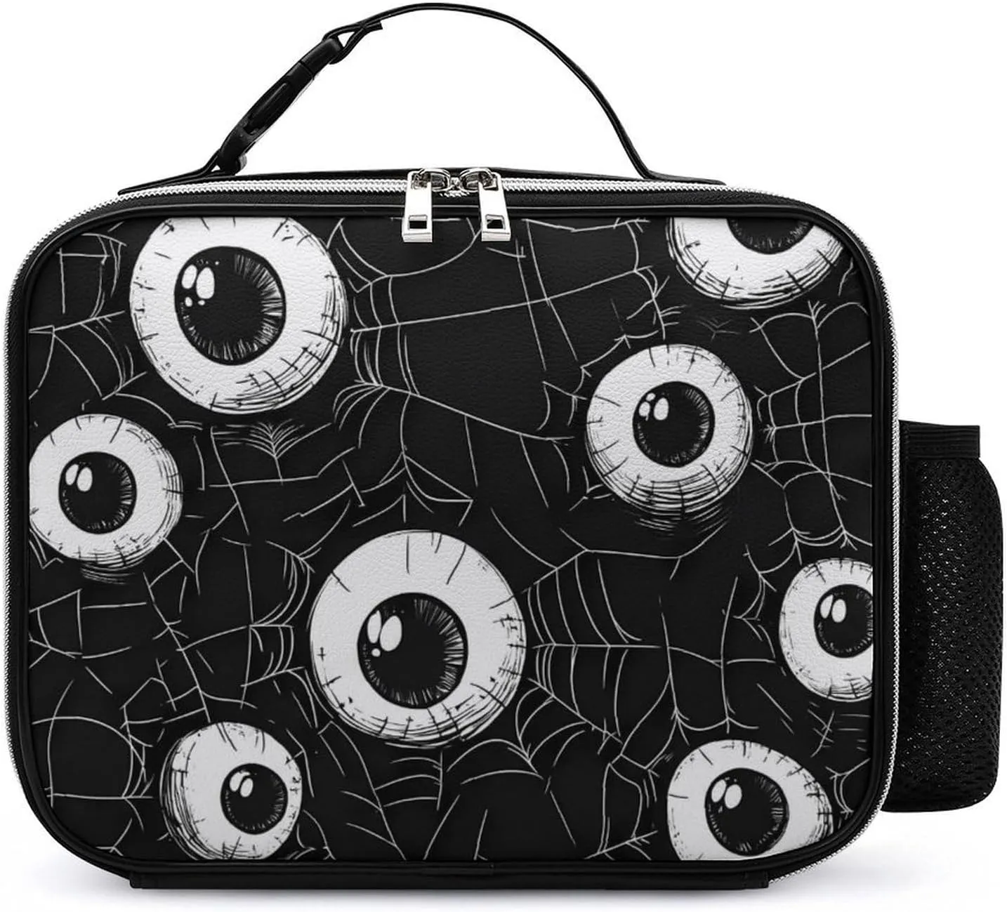 Eyeball on Spider Web Insulated Cooler Leather Lunch Bag Meal Tote Handbags with Adjustable Handle Strap Side Pocket