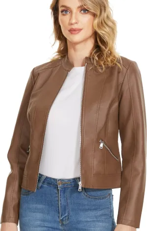 Fahsyee Zip Leather Jackets for Women Motorcycle Faux PU Moto Biker Outwear Coat